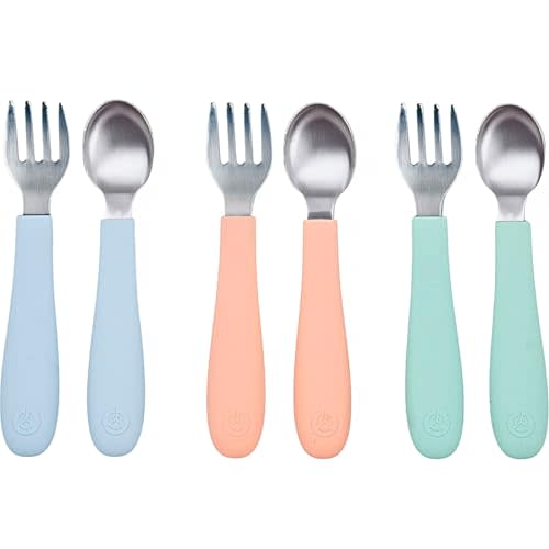 WeeSprout Toddler Utensils, 3 Forks & 3 Spoons, 18/8 Stainless Steel & Food Grade Silicone, Thick Easy-Grip Handles, Perfect Length For New Self Feeders, Gentle On Gums & Teeth, Dishwasher Safe