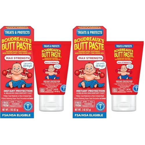 Boudreaux’s Butt Paste Max Strength Diaper Rash Cream for Baby, Ointment With Zinc Oxide, 2 oz Tube (Pack of 2)