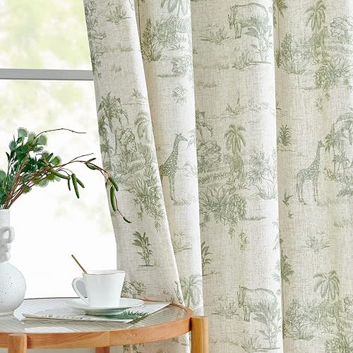 jinchan Linen Toile Curtains 63 Inches Long for Living Room Toile de Jouy Floral Curtains French Country Farmhouse Curtain Light Filtering Window Drapes 2 Panels Green on Beige