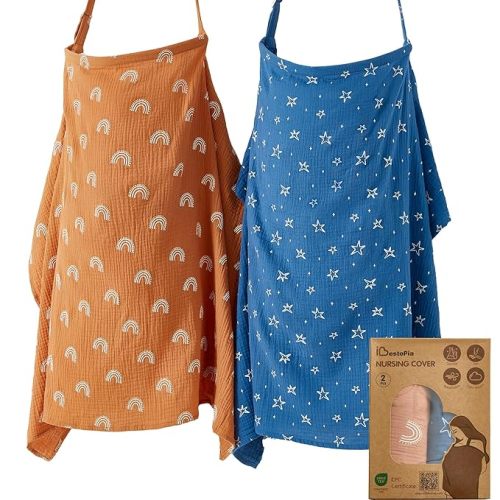 2 Pack Nursing Covers for Breastfeeding, 100% Cotton Muslin, Lightweight & Breathable, Full Coverage with Adjustable Strap (Starry Rainbow Gradient)