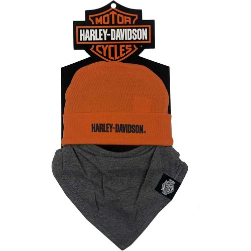 Harley-Davidson Baby Boys' 2 Pack Newborn Beanie & Handkerchief Set, Gray/Orange
