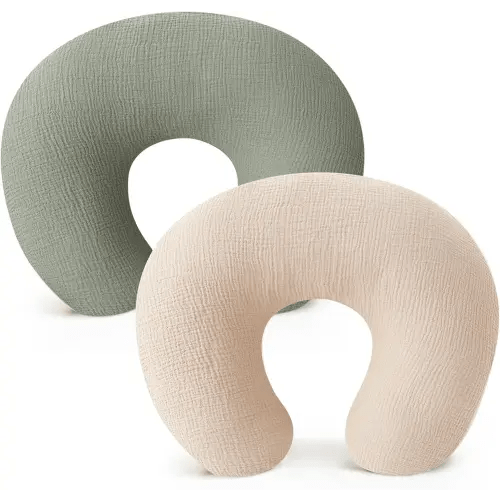 Konssy Muslin Nursing Pillow Covers, Soft and Cute Nursing Covers for Breastfeeding Pillows, Ideal for Newborn Baby Boys and Girls (Fog Green, Cream) - 2 Pack