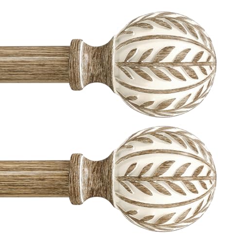 QDWIS 2 Pack Boho Wood Curtain Rods for Windows 28 to 48 inch,1" Adjustable Heavy Duty Window Curtain Rod with Imitation Wood Grain Finials,Rustic Decorative Drapery Rods Set 18-60'',Weathered Wood