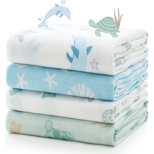 Momcozy Muslin Swaddle Blanket, 4 Pack Ultra Soft Neutral Swaddle Blankets, Skin-Friendly Large 47'' x 47'' Receiving Blanket for Newborn Boys Girls, Marine Sea Sprite Magic