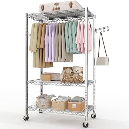 Garvee 3 Tier Clothes Rack with Wheels, Adjustable Shelves & 2 Hanging Rod, Heavy Duty Clothing Rack Closet Organizer Freestanding Wardrobe for Hanging Clothes, 75.6" H x 45.3" W x 15.8" D, Silver