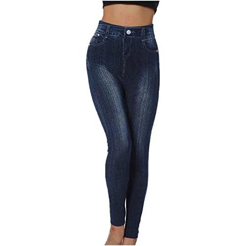 Women's Stretch Pull-On Jeans Faux Sexy Skinny High Waist Tummy Denim Slim Fit Printed Fake Jean Comfy Leggings Pants