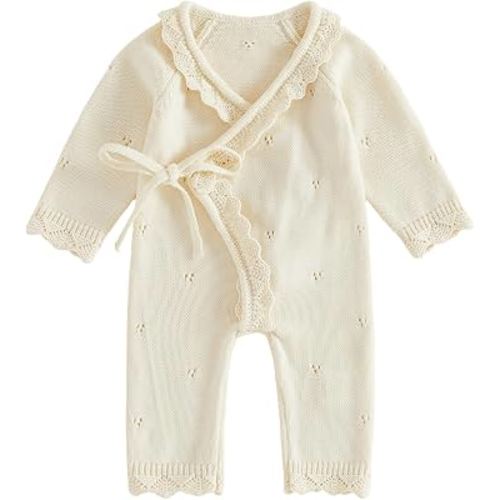Kupretty Newborn Girl Outfit Baby Sweater Knit Romper Jumpsuit | Coming Home Outfit Baby Girl Knit Clothes Kimono Wrap Romper Fall Winter Clothes Long Sleeve Side Tie Footless Jumpsuit