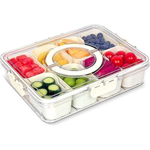 Divided Snack Serving Tray with Lid and Handle travel Snackle Box Charcuterie Container Portable Storage Organizer for Candy, Fruits, Nuts, Snacks(8 Compartments)