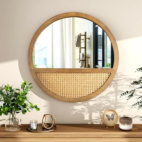 THKSHOUZ 24 Inch Rattan Round Mirror, Vintage Hand-Woven Wooden Framed Wall Mirror for Living Room, Bedroom, Bathroom, Entryway Decor, Natural Hanging Decorative Mirrors for Indoor Wall Art