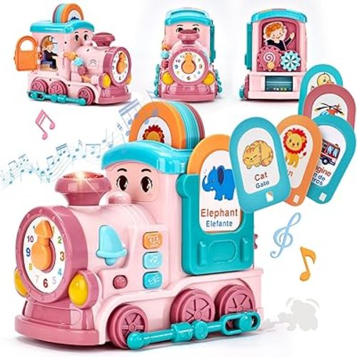 hahaland Musical Toy for Baby Girl Gifts,First Year Activity Musical Train with Talking Flash Cards Bilingual (EN/ES), Educational Learning Toys for Toddlers, Baby Toys 18-36 Months Girl Easter Gifts