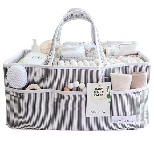 Baby Diaper Caddy Organizer, Baby Shower Basket for Newborn Boys or Girls, Nursery Must Haves for New Mom, Registry Favorites, Large Storage Tote for Changing Table or Car, Gray