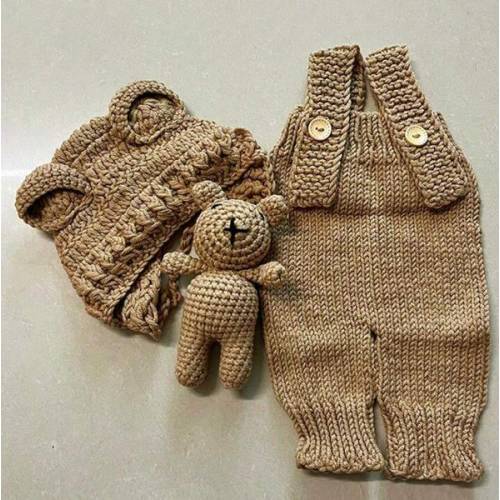 Newborn Photography Clothing Hand-Knitted Suspender Jumpsuit Costumes And Bear Ear Hat Teddy Bear Dolls Decor Outfits | SHEIN USA