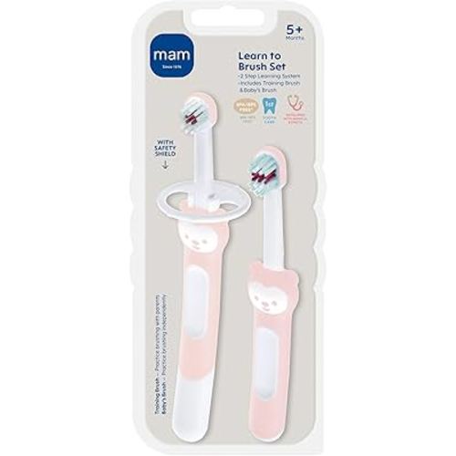 MAM Learn to Brush Set (1 Baby's Brush Toothbrush, 1 Training Brush, 1 Safety Shield), Baby Toothbrushes with Brushy The Bear, Interactive App, for Girls 5+ Months, Blue