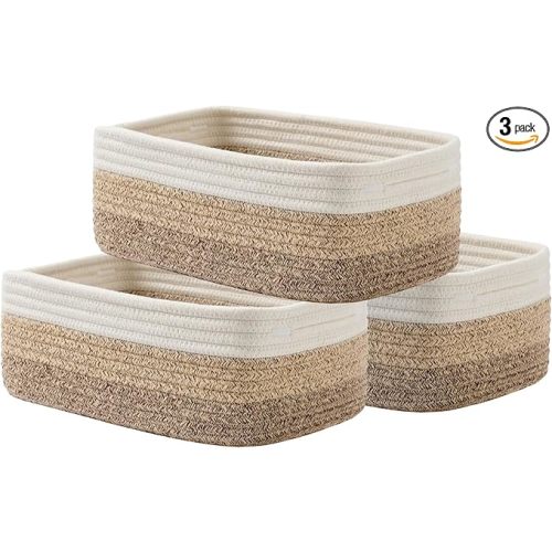 Small Woven Basket, 12 x 8 x 4.5 Inches, Storage Basket for Organizing, Cute Small Rope Shelf Closet Cube Storage Bins Baskets for Shelves, Dog Toy Gift Baskets Empty, 3 Pack Gradient Brown