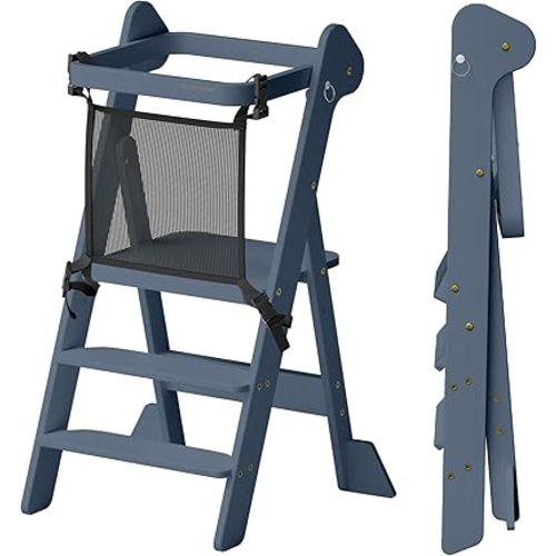 COSYLAND IF Design Awarded Toddler Step Stool - Folding Kitchen Toddler Standing Tower with Safety Net - Height Adjustable & Space Saving Learning Helper Stool with Support Blocks,Foldi (Slate Blue)