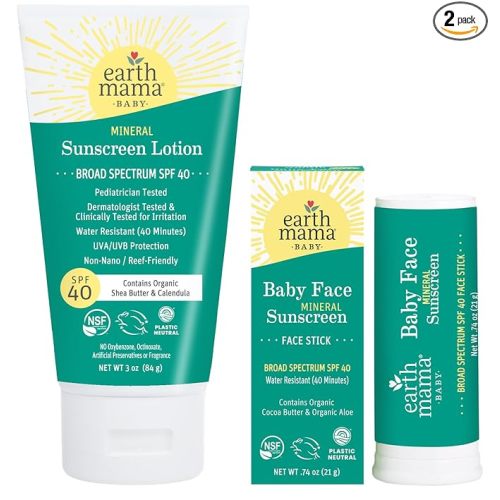 Earth Mama Baby Mineral Sunscreen Lotion & Face Sunscreen Stick Set SPF 40 - Non-Nano Zinc - Broad Spectrum for Babies, Kids & Family - Water Resistant Sun Protection