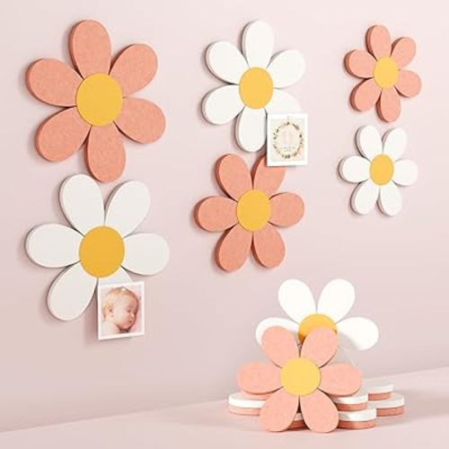 Fluxynara 6 PCS Daisy Felt Flower Wall Decor, Daisy Bulletin Board for Nursery & Girl Room, 3-Size Acoustic Felt Wall Art for Bedroom, Baby’s Room, Kids’ Spaces, Pink/White