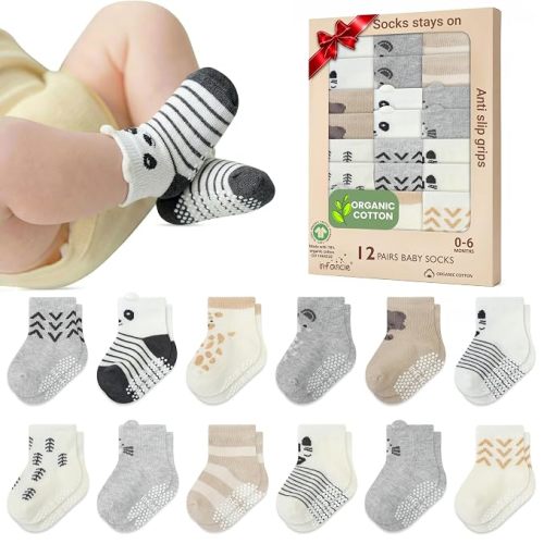GOTS Organic Cotton Blend 12 Infant Socks 0-6 M Boys Non Slip Shower Gift | Oeko-Tex Certified, Baby Socks, 12 Pairs, Warm Baby Socks, Socks For Baby Boy, Peach & Beige, For Baby Boys, 0-6 Months,