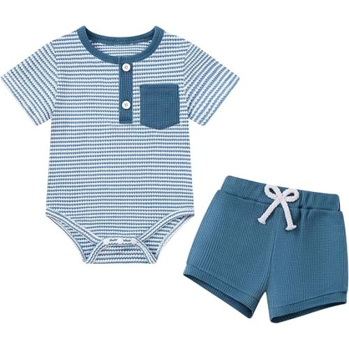 Coco&RARA Baby Boy Clothes Striped Short Sleeve Romper With Pocket Buttons Shorts Set Newborn 3 6 12 Months Baby Boy Outfits