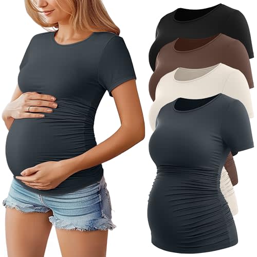 Huukeay 4 Pack Women's Maternity Shirts, Crew Neck Maternity Top Short Sleeve Casual Cotton Tee Side Ruched Pregnancy Clothes
