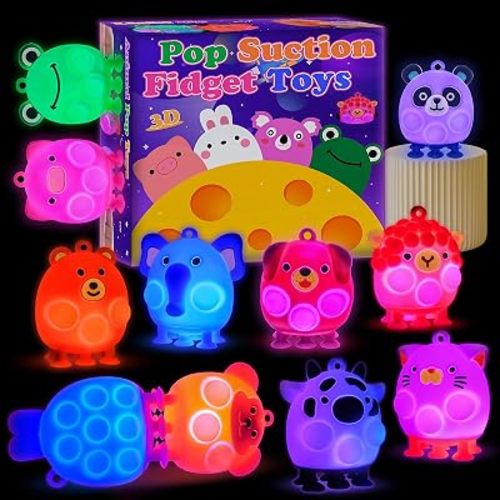 12 PCS Light Up Animal Suction Pop Fidget Toys, Goodie Bags Stuffers for Kids, Birthday Party Favors, Treasure Box Prizes, Suction Toys for Toddlers