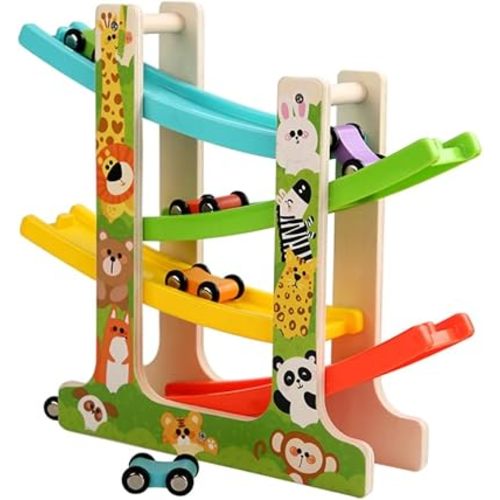 Wooden Car Ramp Toy for 3 Year Old Boys and Girls 4 Level Toddler Race Track with 8 Mini Cars Garage - Montessori Toys for 3 Year Old Christmas Birthday Gifts