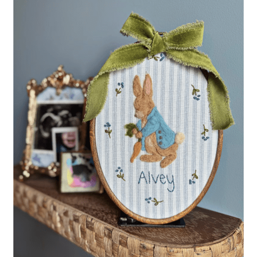 Handmade Peter Rabbit Nursery Decor Wall Hanging Bunny Beatrix Potter felt embroidery Art needle felted baby shower gift storybook fairytale