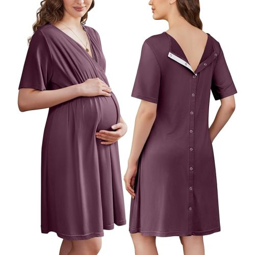 Ekouaer Labor and Delivery Gown for Hospital Short Sleeve Maternity Nursing Dress Nightgown with Button S-XXL