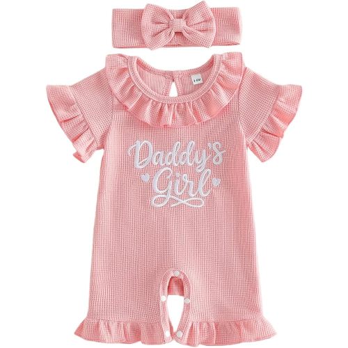 Newborn Baby Girl Summer Outfit Romper Hi I'm New Here Embroidery Ruffle Jumpsuit Infant Waffle Knit Clothes