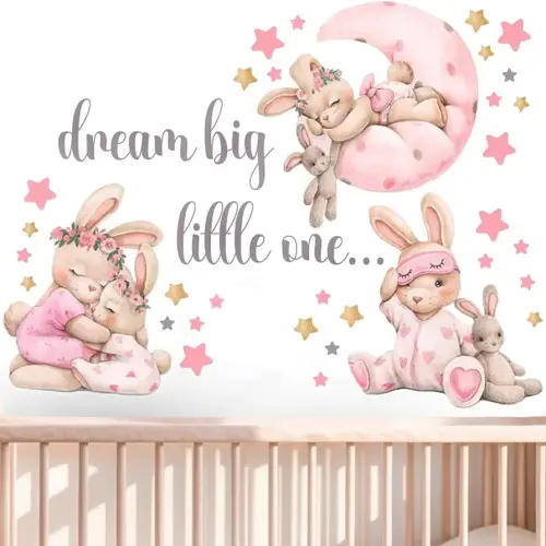 Pink Bunny Nursery Wall Decals-Baby Girl Room Rabbit Wall Decor, Animal Stickers for Kids Playroom, Toddler Bedroom and Nursery Decoration, Removable Vinyl Decals, Peel and Stick Easy to Apply.