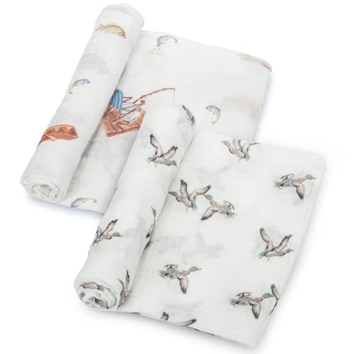 LollyBanks Muslin Swaddle Blankets 2PACK, 100% Cotton Baby Blanket 47 x 47 Inches, Large Baby Swaddle Breathable, Muslin Blankets for Boys and Girls (Mallard Duck and Fishing Print)