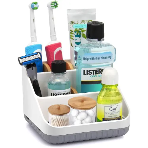 Bathroom Toothbrush Holders for Countertop - Electric Toothbrush Organizer 6 Slots Bamboo Tooth Brush Organization for Kids Family, Toothpaste Holder for Bathroom Vanity Organizer Storage White