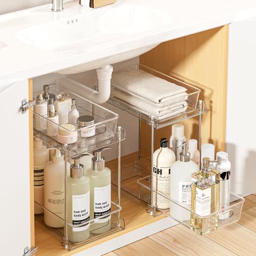 Vtopmart 2 Pack Taller Pull Out Bathroom Under Sink Organizer (S-Higher) | Slide-out drawers, Multi-purpose storage, Clear visibility, Easy Set-up