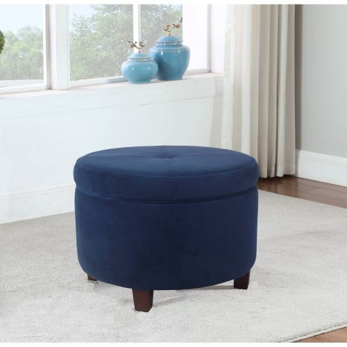 Large Round Storage Ottoman Navy - HomePop: Upholstered Footstool, Lift-Off Lid, Wood Legs