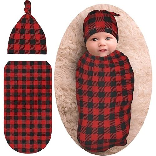 Red Plaid Baby Stuff Newborn Swaddle Blanket Cute Wrap Baby Receiving Blanket Soft Stretchy Sack with Beanie Hat Gifts for Boys Girls Infant