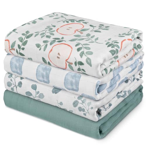 GLLQUEN BABY Muslin Swaddle Blankets 4-Pack Breathable Receiving Blankets (35" x 40") Soft Baby Blankets for Girls and Boys Newborn Essentials Muslin Burp Cloths Swaddle Wrap Baby Gift (Apple)