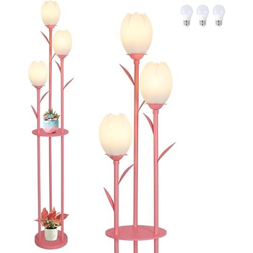 Pink Floor Lamp for Bedroom, 3-Light Flower Floor Lamp with Table, Corner Standing Lamps for Living Room, Tall Flower Lamp for Office, Girls Room, Unique Lighting Decor (Bulbs Included)