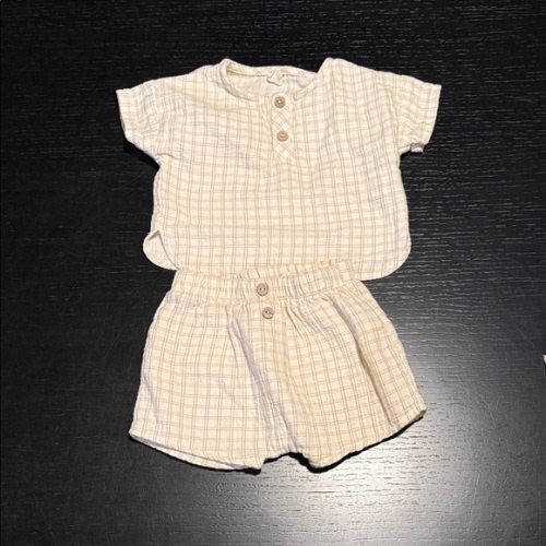 Quincy Mae Cream WOVEN BOXY TOP + SHORT SET || OAT CHECK