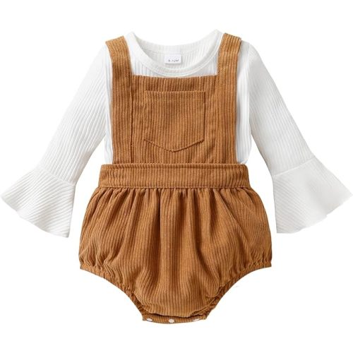Newborn Baby Girl Clothes Bell Sleeve Romper and Corduroy Overalls Shorts Infant Girl Fall Outfits