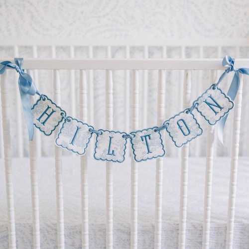 Personalized Blue Toile Name Banner – Baby Boy Name Garland for Nursery, Crib, or Baby Shower Decor – Custom Embroidered Appliqué Sign