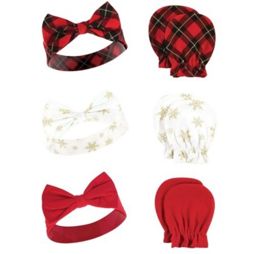 Hudson Baby Infant Girl Cotton Headband and Scratch Mitten Set, Fancy Plaid Snowflake, 0-6 Months
