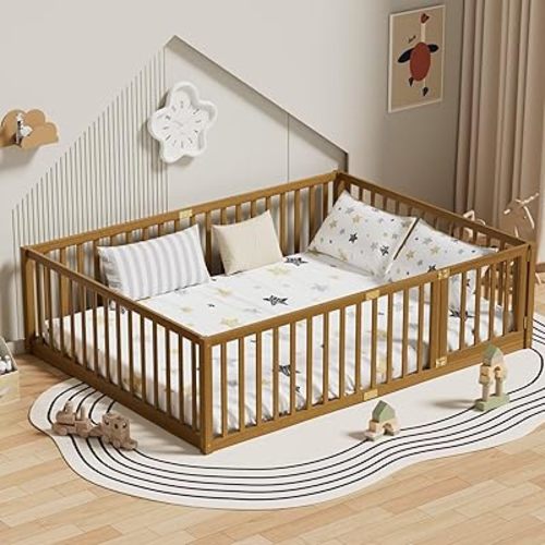 LLS Queen Size Floor Bed with 21.6" High Fence for Kids Boys Girls, Solid Wood Multifunctional Montessori Bed Frame with Door, Without Slats, Light Espresso