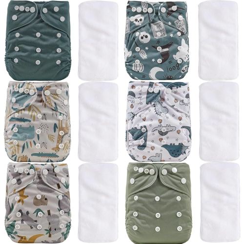CoolaPeach 12 Set Reusable Adjustable Cloth Diapers for Newborn to 0-3 Years,One Size Washable Pocket Nappy Covers for Baby Girl and Boy,6 Pack Cloth Diapers+6pcs Microfiber Inserts (NCP04)