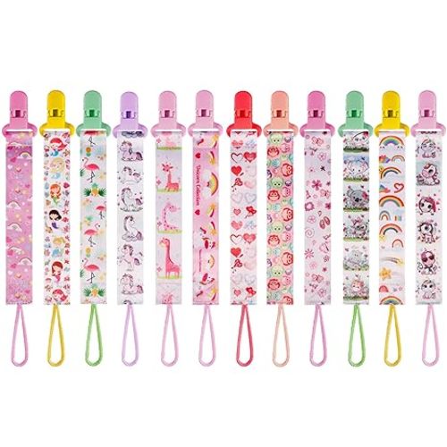 12 Pack Pacifier Clips with Adjustable Strap (32-46.5cm)/Short Strap(25.5cm) - Premium Polyester Baby Pacifier Holder Set, Multi-Design Clips for Boys Girls (Multicolor F 24/25cm)