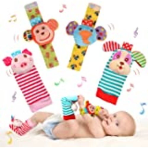 Blige SMTF Cute Animal Soft Baby Socks Toys Wrist Rattles and Foot Finders for Fun Butterflies and Lady bugs Set 4 pcs