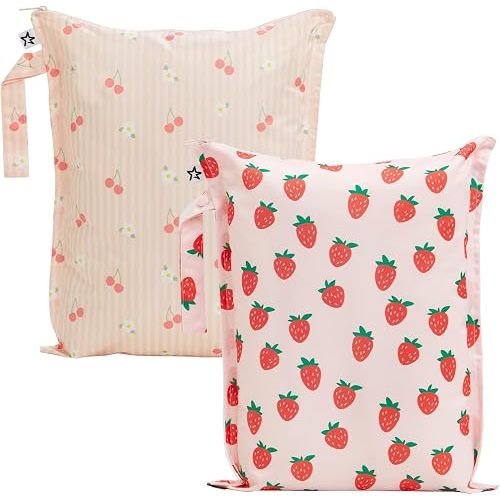 Tiny Twinkle Mess Proof Wet Bags | 2-Pack Reusable Waterproof Wet Bags for Swimsuits | Baby Clothes | Travel & Diaper Bag (Cherry Coquette,Strawberries)
