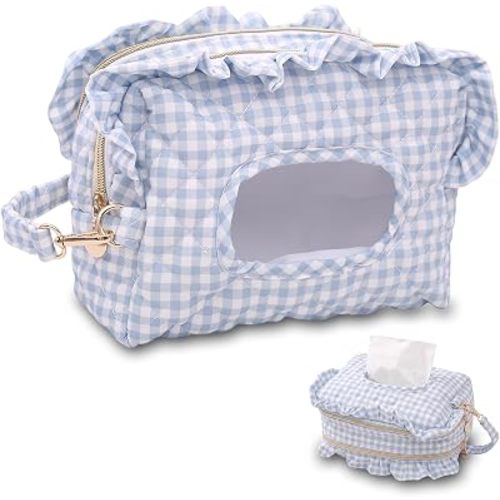 Double-Layer Wipes Holder, Small Hanging Diaper Bag (Blue Plaid)