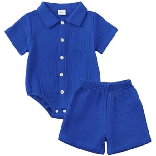 Jecson Newborn Boy Clothes Baby Boy Outfits Summer Cotton 2 Piece Set with Button Down Bodysuit and Shorts 0-18M