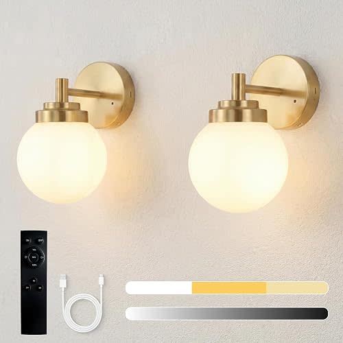Set of 2 Rechargeable Wall Sconces with Remote, 3-Color Temperature & Dimmable, Modern Gold Cordless Wall Lights with Frosted Globe Shade
