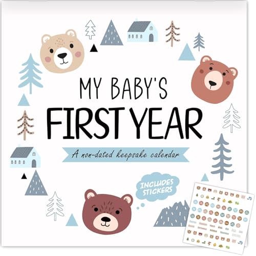 CHUNNIN Little Camper Baby's First Year Calendar with Stickers Woodland Bear 1st Year Tracker First Year Book Baby First Year Milestones Newborn Baby Memory Calendar Keepsake for Baby Girl or Boy